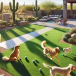 dogs on artificial turf in Arizona backyard