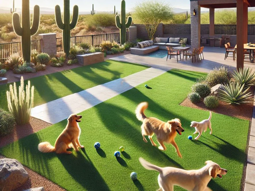 dogs on artificial turf in Arizona backyard